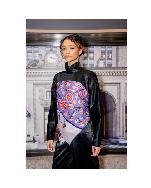 Jessie Zhao New York Blue Double Sided Wool Silk Scarf Of Flower Imagination