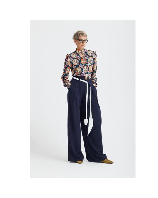 Julia Allert Multicolor Designer Satin Blouse With Bishop Sleeves And Stand Collar – Print