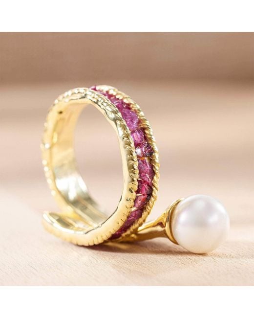 German Kabirski Multicolor Rhea Handmade Ring With Raw Rubies & Cultured Pearl