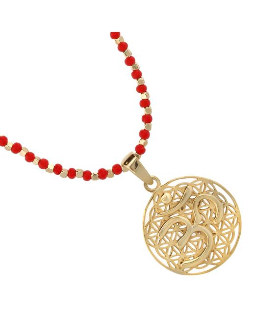 Ebru Jewelry Metallic Divine Energy Om Mantra Coral Red Beaded Necklace
