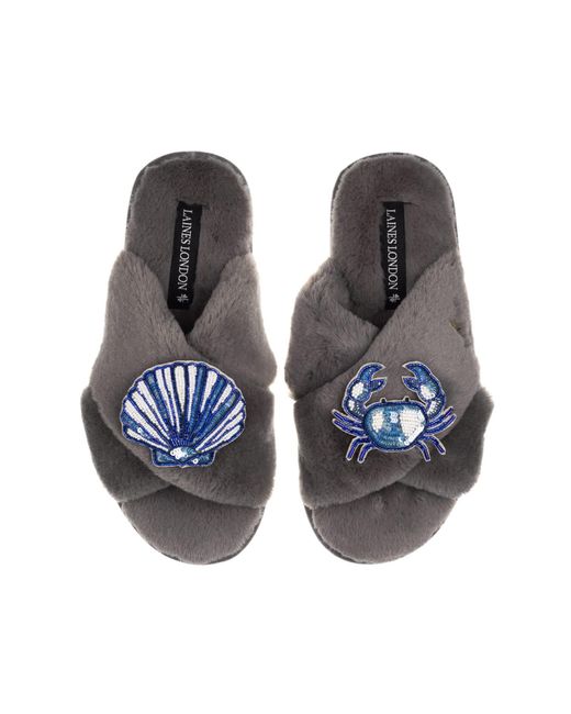 Laines London Brown Classic Laines Slippers With Mediterranean Shell & Crab Brooches