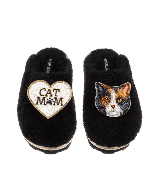 Laines London Black Teddy Closed Toe Slippers With Cat Mum/Mom & British Shorthair Cat Brooches