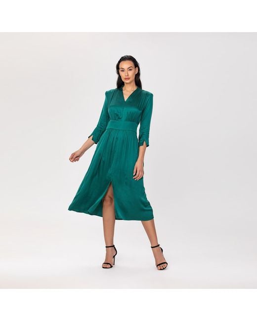 Smart and Joy Green Fit-And-Flare Satin And Jacquard Dress