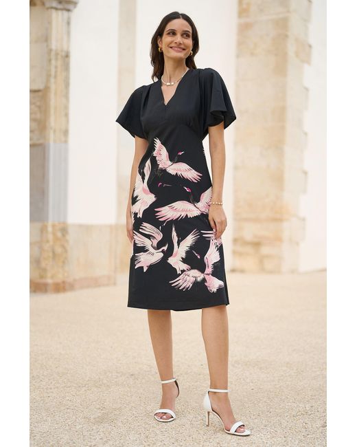 Yumi' Black Recycled Fabric Crane Print Kimono Midi Dress