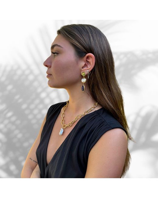 Ebru Jewelry Metallic Majestic Pearl Stone Pendant Link Chain Necklace