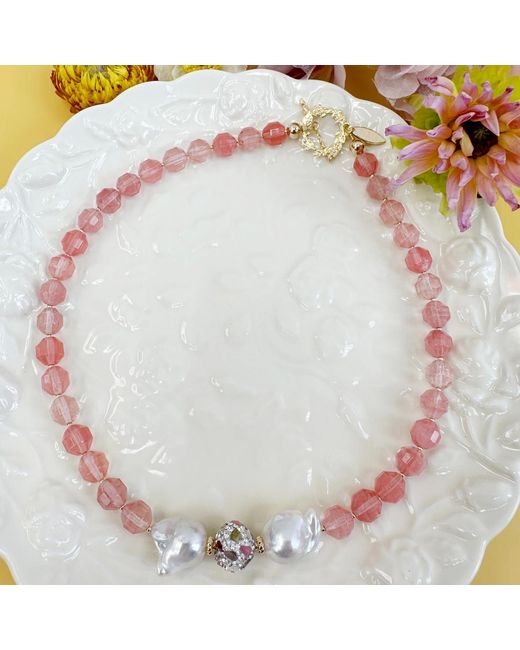 Farra Red Watermelon Quartz With Baroque Pearls Statement Necklace
