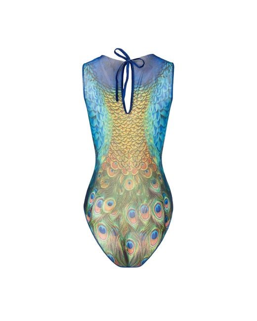 Rodasoleil Smart Swimwear Blue Tan-Through Mesh One-Piece Sleeveless Swimsuit Peacock Mayura