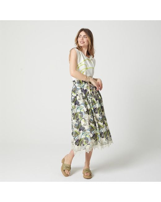 Lalipop Design Green Linen Tiered Drawstring Skirt With Trims Of Lace Appliques
