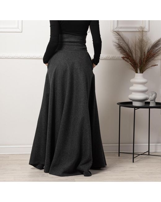 Nikka Place Black Ultra High Waist Wool Maxi Skirt With Pockets