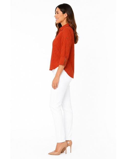 Carloslines Orange Embroidered Cotton V-Neck Short Sleeve Shirt Blouse