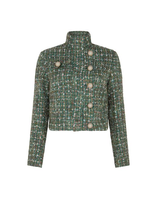 Sour Figs Green High-Neck Metallic Thread Bouclé Tweed Jacket
