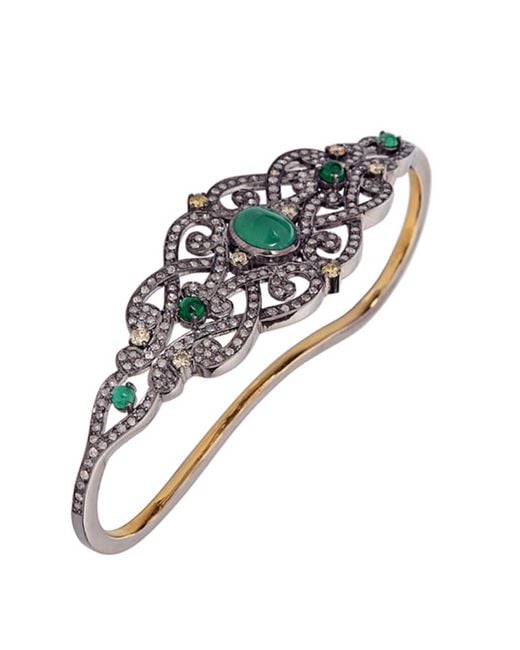 Artisan Green Bezel Set Emerald & Diamond In 18k Solid Gold With Silver Palm Bracelet Indian Wedding Jewelry