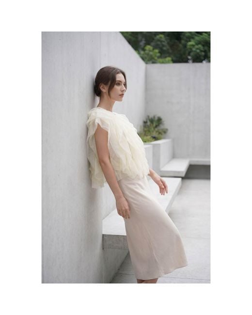 Modenaire Natural Sheer Tulle Blouse Featuring Cascading Ruffles