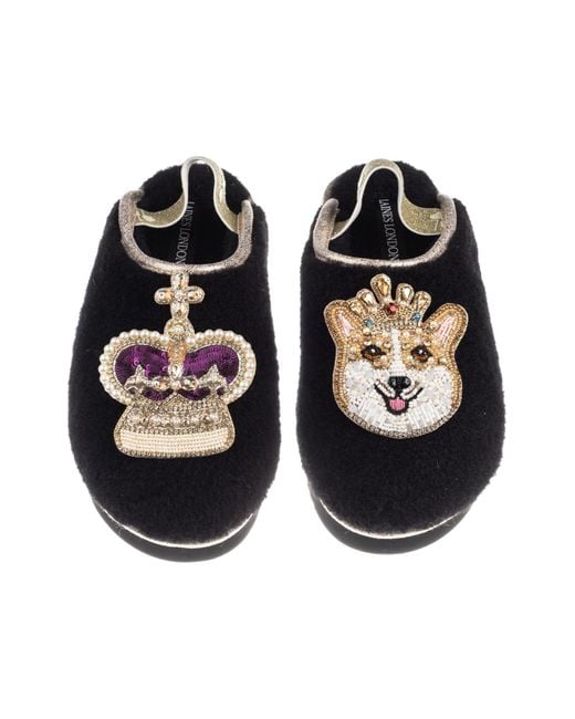 Laines London Black Flatform Cloud Closed Toe Slippers With Corgi & Crown Brooches