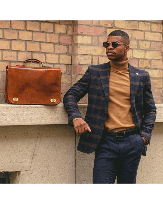 Time Resistance Brown Leather Briefcase Laptop Bag for men