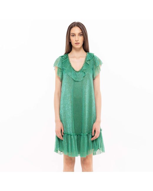 Nissa Green Ruffle Trim Midi Dress