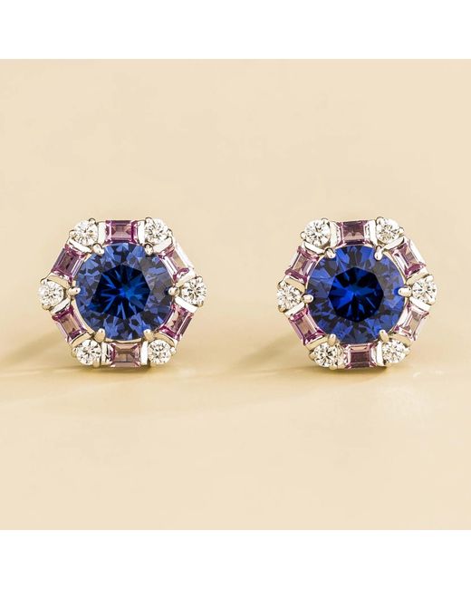 Juvetti Blue Melba Sapphire, Sapphire & Diamond Halo Hexagon Stud Earrings