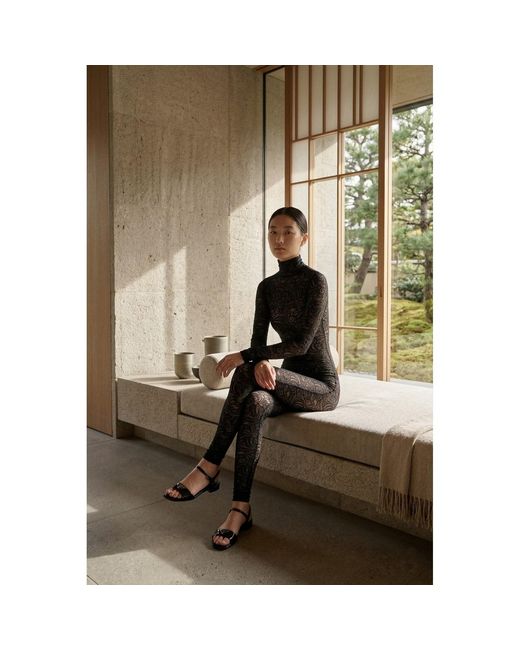 Monosuit Black Premium Italian Textile Floral Lace Long Sleeve Turtleneck Full Bodysuit