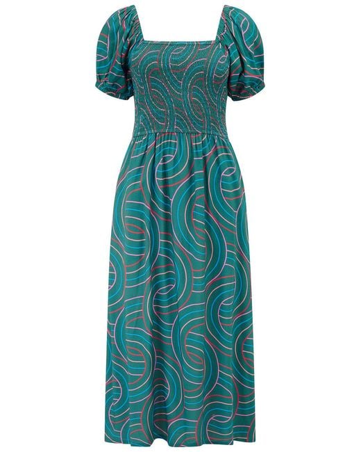 Sugarhill Blue Jolene Shirred Midi Dress, Concentric Circles