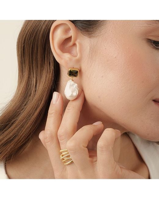 LINYA JEWELLERY Metallic Khaki Crystal Stone Baroque Pearl Dangle Earrings