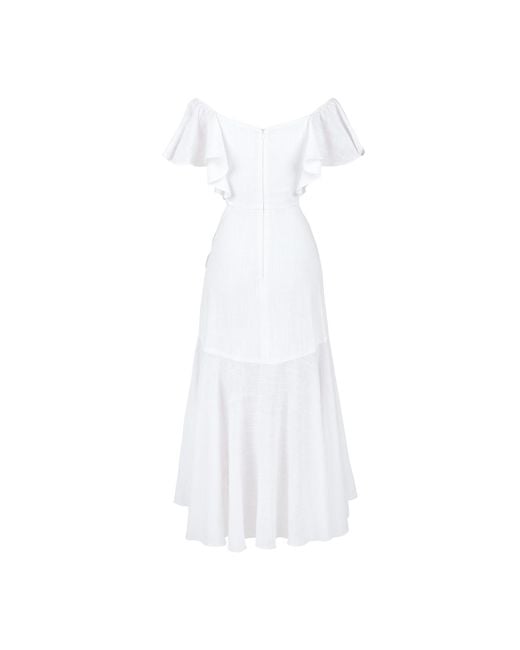 ALINA CERNĂTESCU White Thalia Linen Off-Shoulder Or On-Shoulder Midi Cocktail Dress With Ruffles