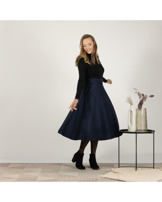 Nikka Place Blue Dark Wool Skirt Below The Knee With High Waist & Pockets