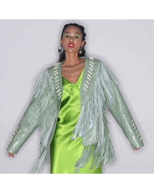 Zasta Studio Green The Leader- Beads & Fringes Leather Jacket