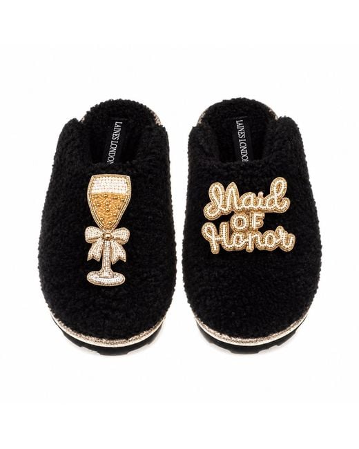 Laines London Black Teddy Closed Toe Slippers With Maid Of Honor Brooches