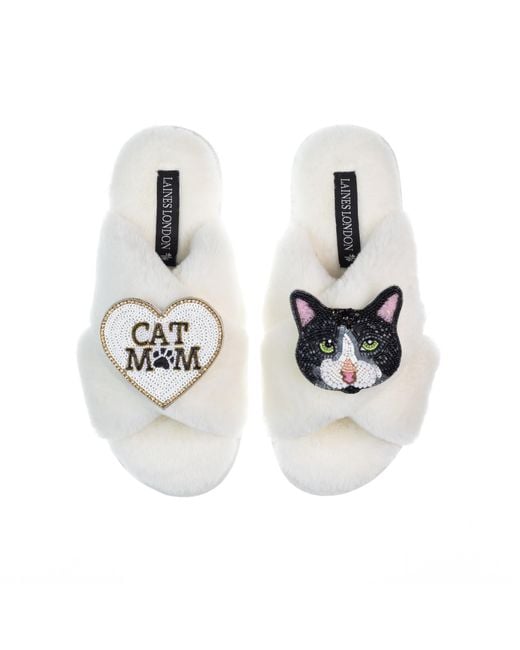 Laines London White Classic Laines Slippers With Cat Mum/Mom & Oreo Cat Brooches