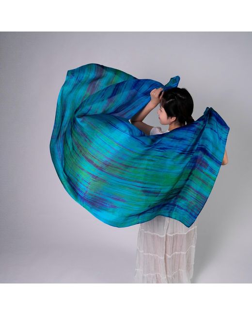Silk and Bears Blue Emerald Brushstroke Silk Scarf – Hand-Dyed Mulberry Silk Shawl