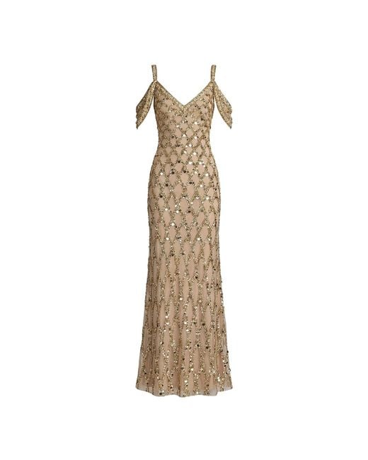 Mac Duggal Natural Sequin Embellished V-Neck Gown