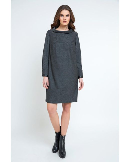 Conquista Blue Casual H-Line Stand Collar Long Sleeve Midi Dress