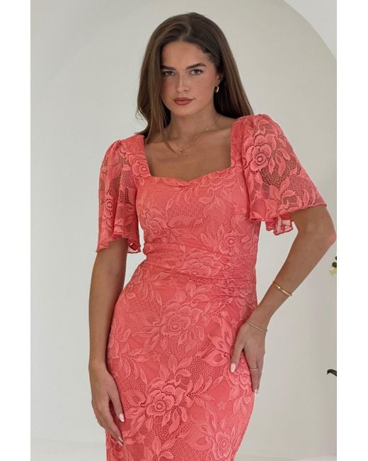 Girl In Mind Red Heidi Lace Ruched Midi Dress Coral