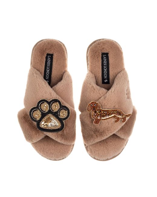 Laines London Brown Neutrals Classic Laines Slippers With Paw & Dachshund Brooches