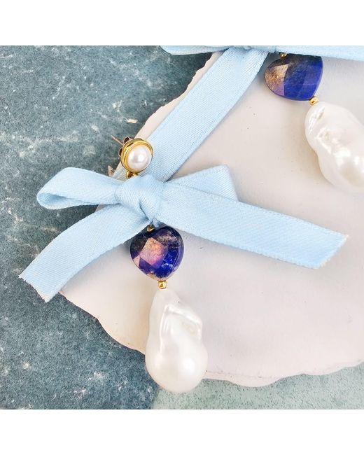 Farra Blue Baroque Pearl With Lapis And Silk Bowknot Earrings