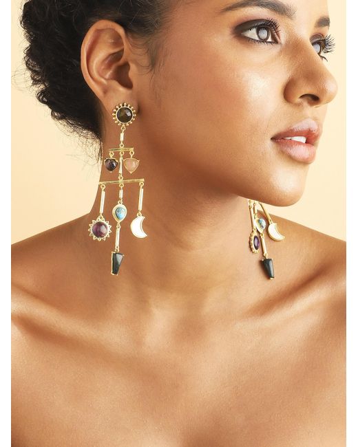 Lila Rasa Metallic Multi Stone Balance Drop Earrings With 7Semi Precious Gemstone