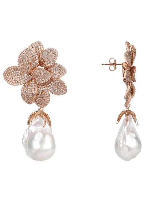 Latelita London Multicolor Rose Amaryllis Flower Baroque Pearl Drop Earrings Rosegold