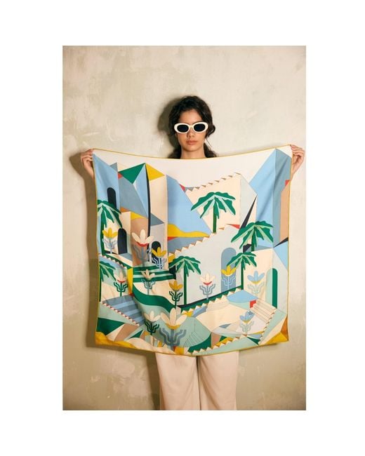 Jessie Zhao New York Blue Double Sided Silk Scarf Of Tropical Breeze
