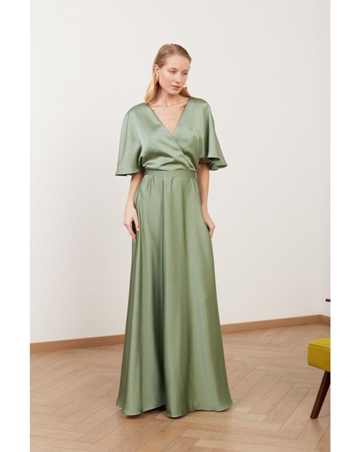 Undress Green Solene Sage Satin Long Wedding Guest Dress