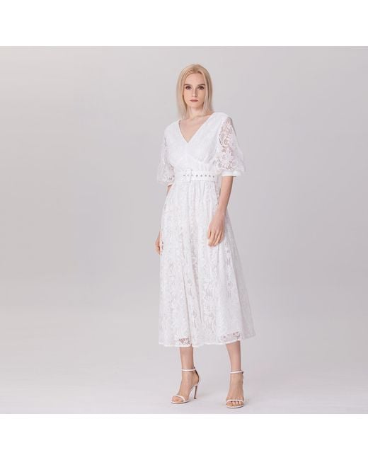 Smart and Joy White All-Lace Puffy Sleeves Dress With Belt