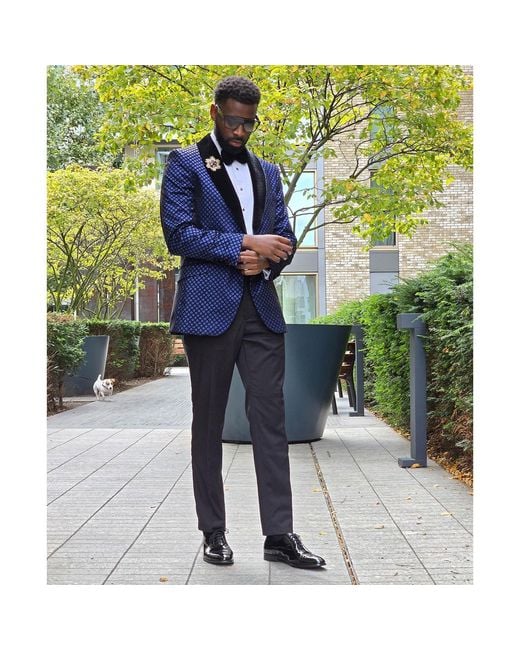 DAVID WEJ Blue Washington Jacquard Velvet Shawl Lapel Blazer for men