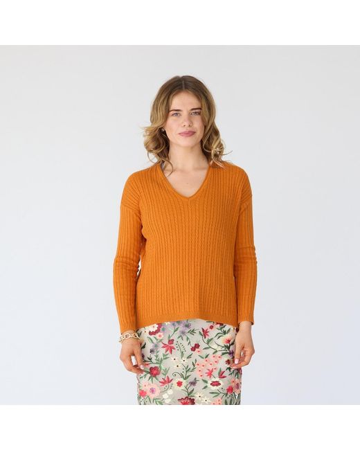 Lindsay Nicholas New York Orange V-Neck Cable Sweater