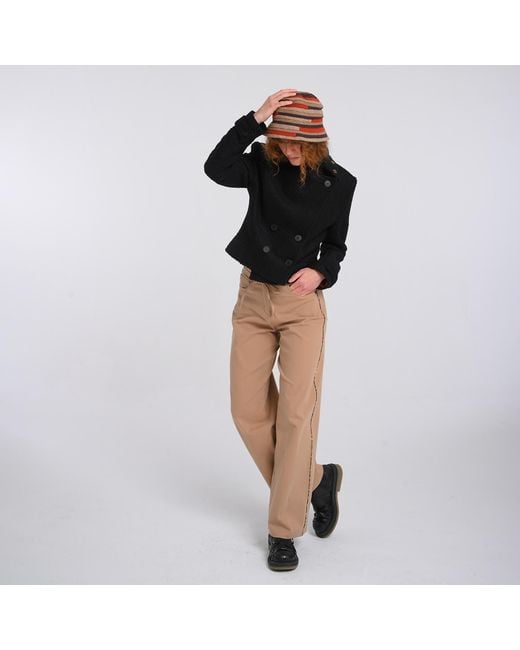 Lalipop Design Natural Neutrals Wide-Leg Tan Cotton Pants With Leopard Piped Trim