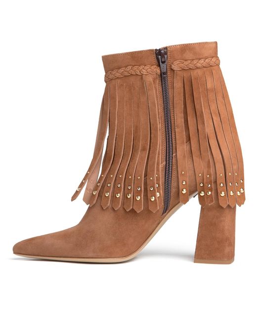 Beautiisoles by Robyn Shreiber Made in Italy Brown Tal Cognac Bootie Suede Fringes With Zipper Elegant & Comfortable For Work & Evening