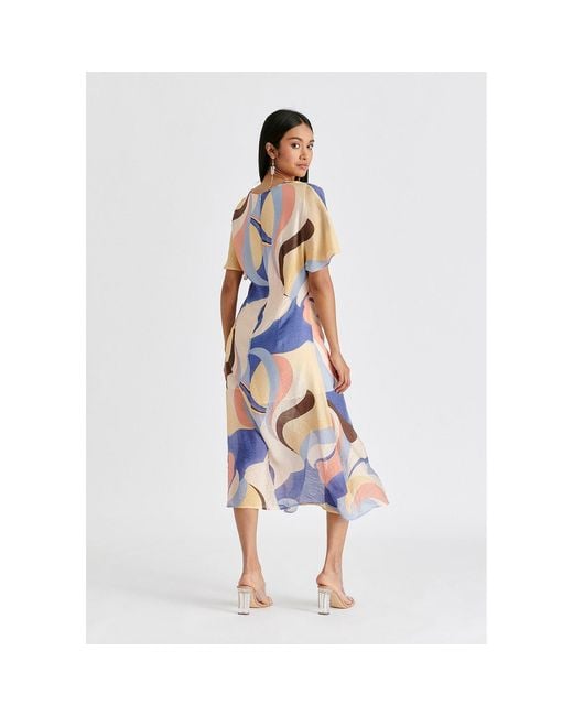 Paisie Blue Retro Wave Midi Dress With Twist Detail, Pastel, And