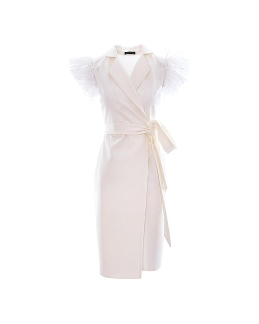 concept A trois White Short Wrap Blazer Dress With Winged Tulle Sleeves
