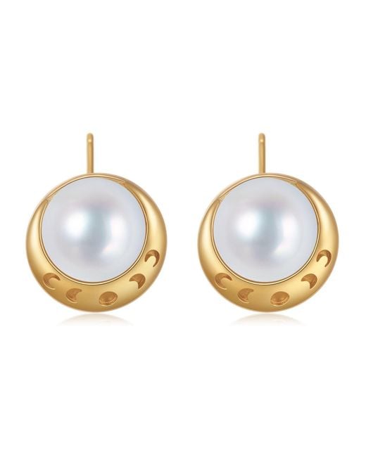 Aurozia Blue Moonlit Grace Lunar Phase& Pearl Moon Vermeil Minimalist Pearl Stud Earrings