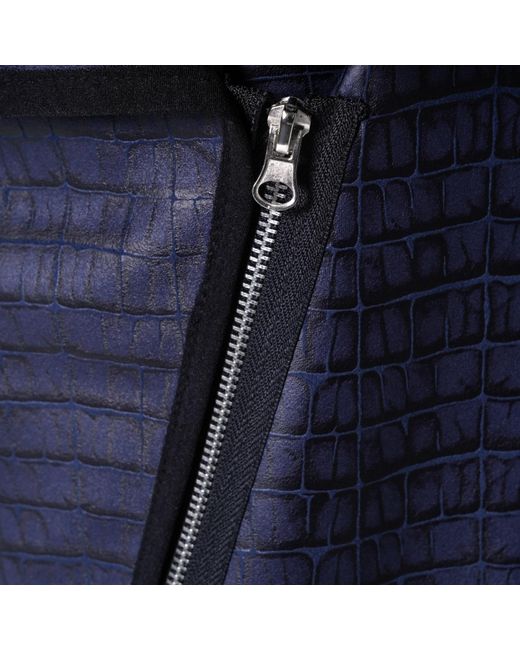 Metamorph Blue Croc-Effect Asymmetric Zip Coat With Draped Collar