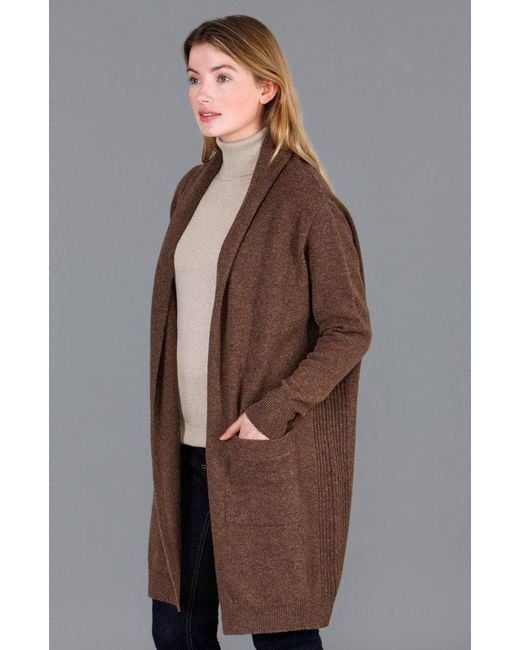 Paul James Knitwear Brown Pure Lambswool Long Line Liberty Cardigan With Pockets