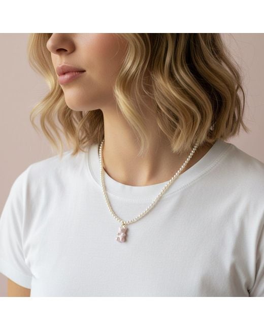 POPORCELAIN Metallic Sweet Porcelain Gummy Bear Swarovski Pearl Necklace
